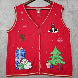 White Stag Ugly Holiday Christmas Sweater Vest XL‎ Reindeer Snowman Tree Gifts